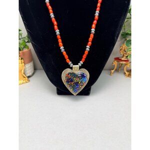 Vintage Red Beaded Necklace Mosaic Glass Heart Pendant Boho Folk Statement